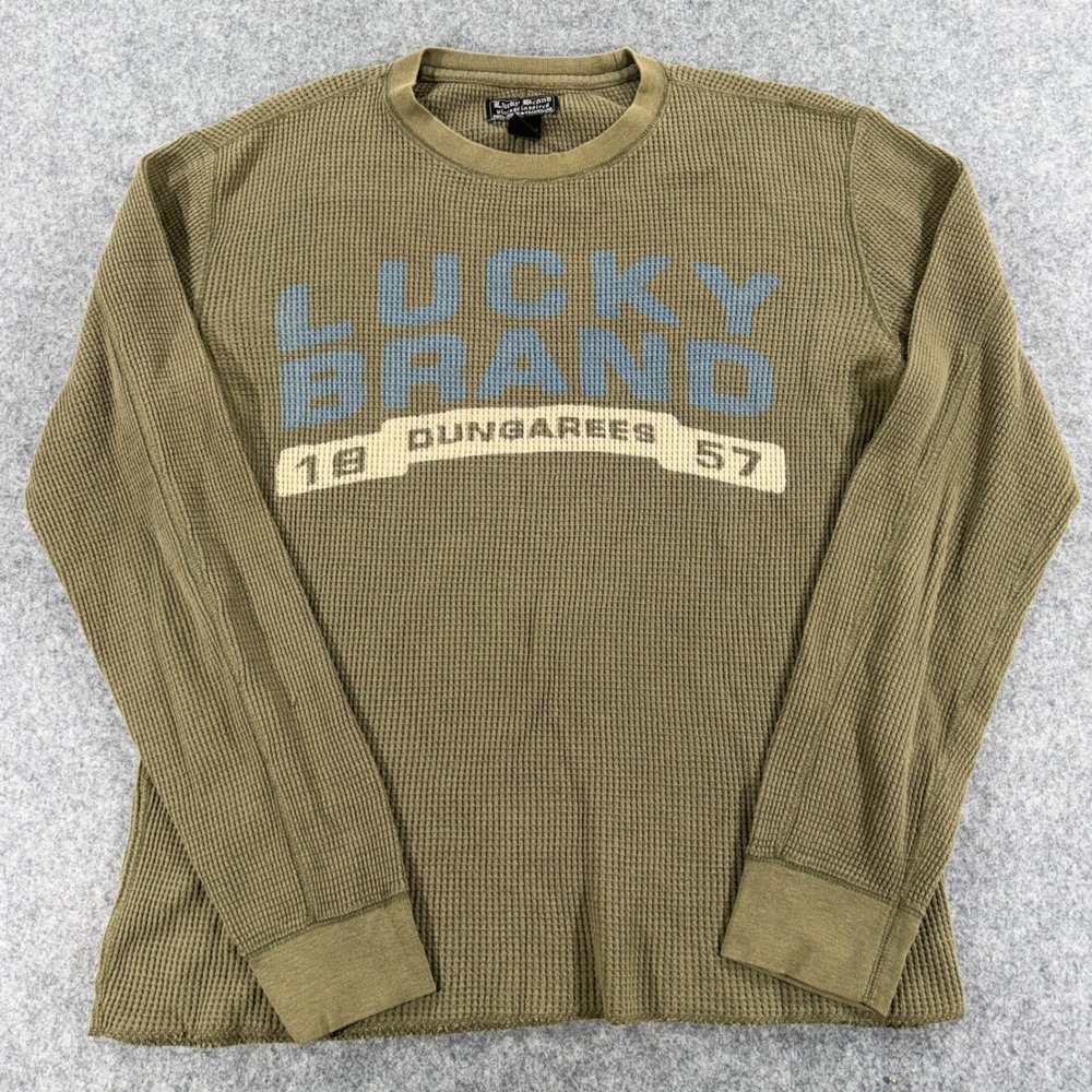Lucky Brand Mens Olive Green Waffle Knit Thermal Graphic Long Sleeve Shirt M